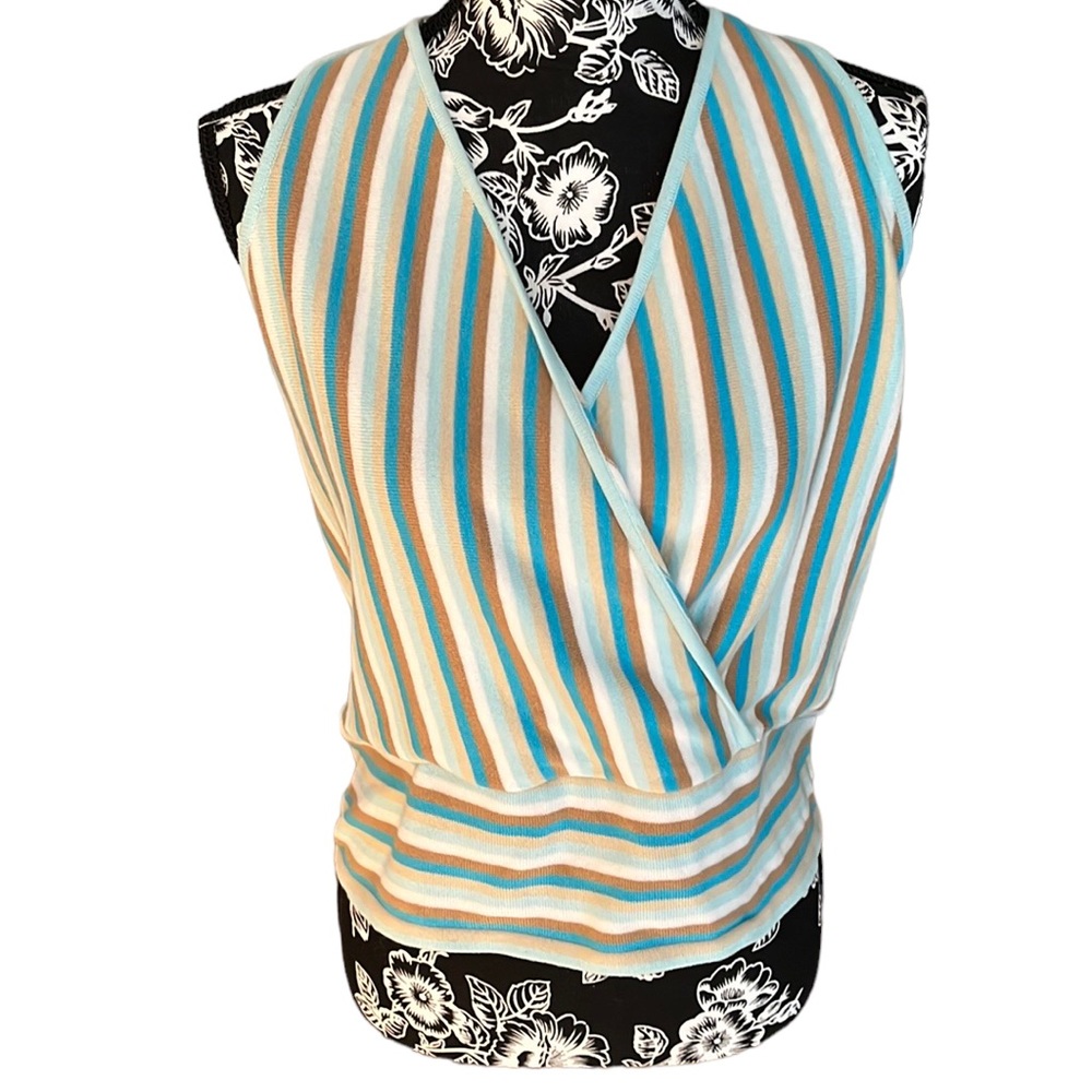 Nine West size large aqua & tan striped knit halter top faux wrap